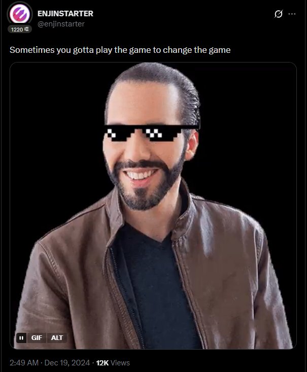 Enjinstarter reply: sometimes you gotta play the game to change the game, Bukele with thug glasses
