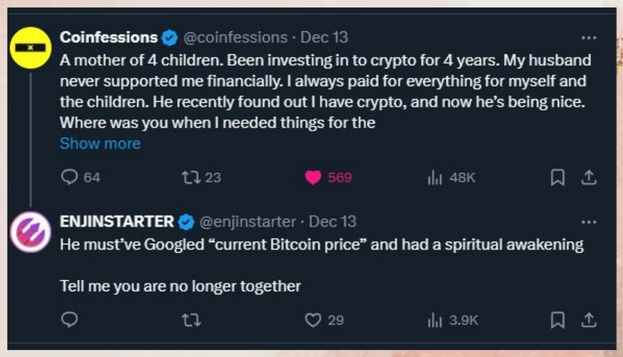 Enjinstarter reply to a Coinfessions confession: he must've Googled current Bitcoin price and had a spiritual awakening
