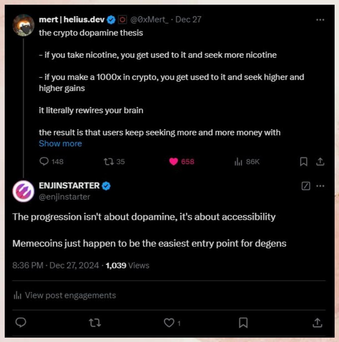 Enjinstarter reply pushing back on Mert helius.dev crypto dopamine thesis: the progression is about accessibility, not dopamine