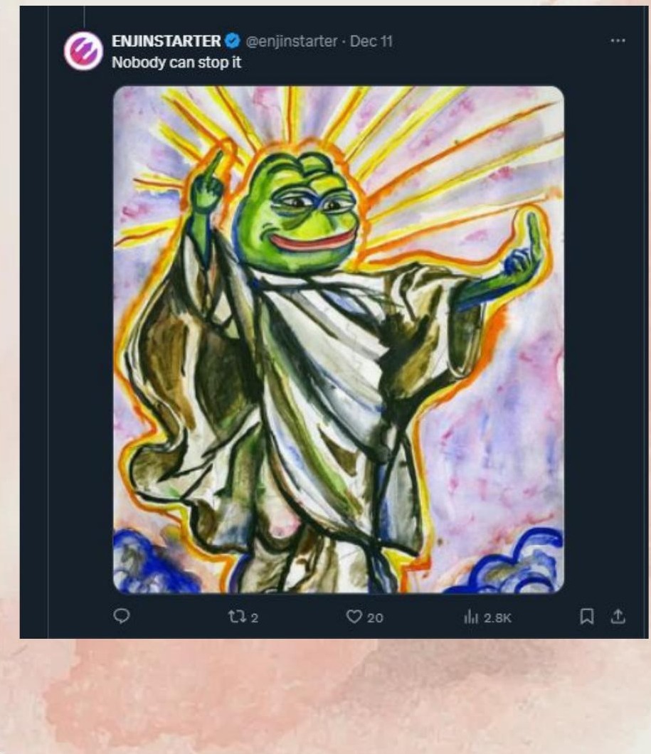 Enjinstarter reply: nobody can stop it, Jesus Pepe meme